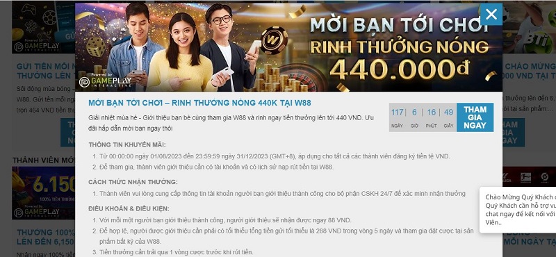 W88Gate khuyến mãi 440K - Chương trình có 1 không 2 đình đám